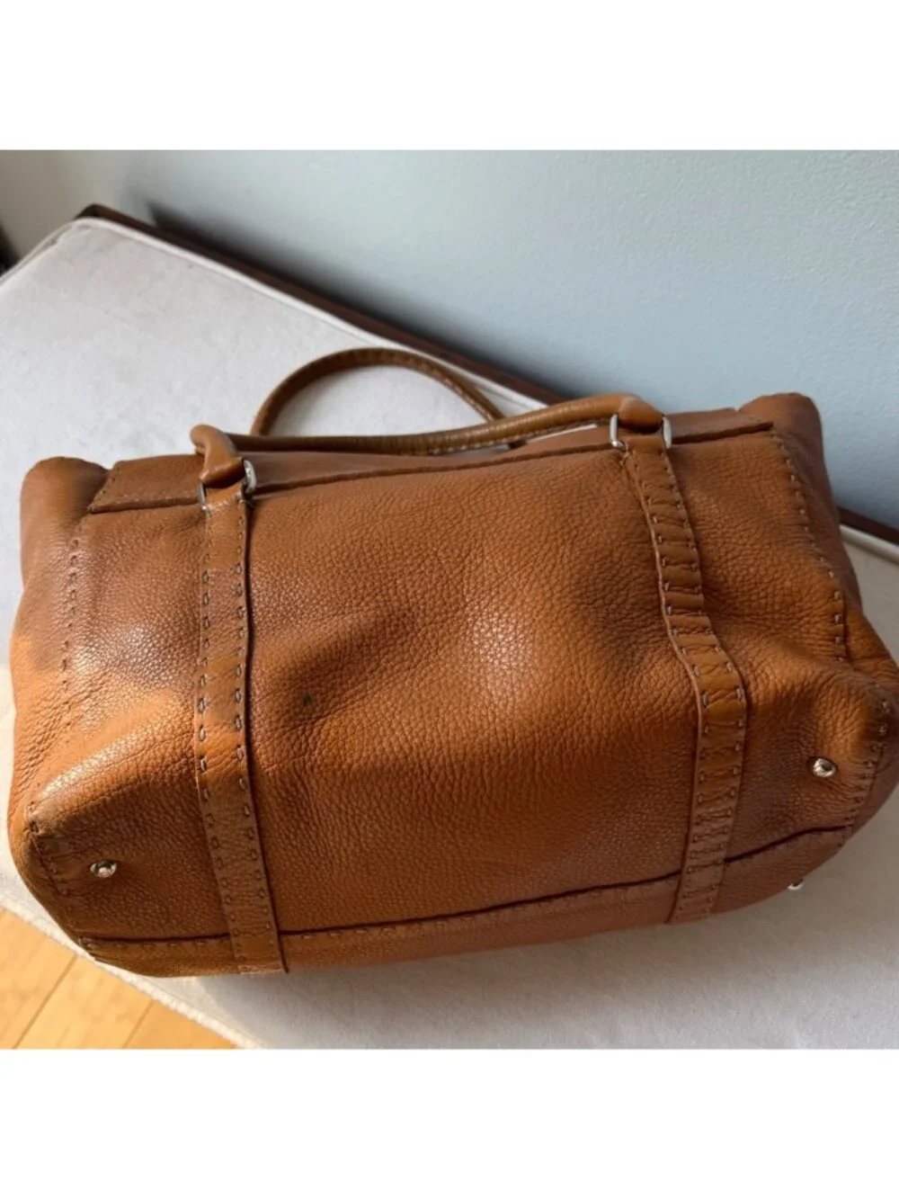 Fendi Selleria Italy Women's Satchel Bag Brown Leather Sterling Silver Plate 8BR
